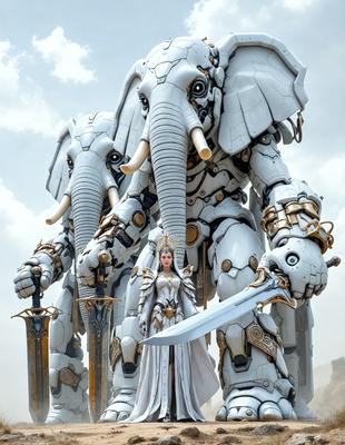 The primary subject of the image is a woman dressed in white, standing in front of two large white elephants. The setting appears to be a futuristic environment, with the woman and the elephants being the main focus of the scene. The visual style of the image is a combination of digital art and illustration, creating a unique and intriguing atmosphere. The colors in the image are predominantly white, which adds to the futuristic and otherworldly mood.